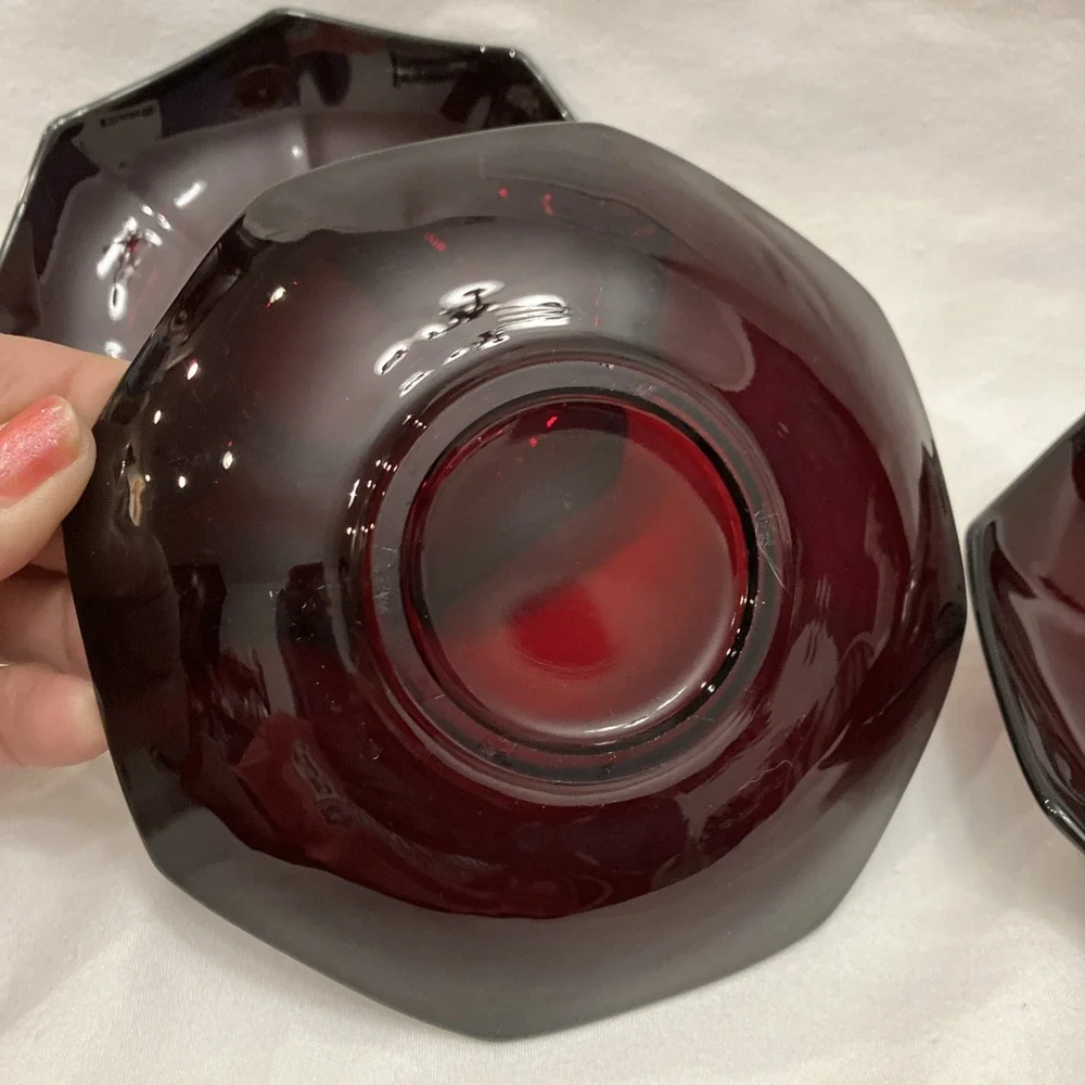 Vintage Ruby Red Glass Saucers Dessert Bowls Scallop Top Edge Lot of 3